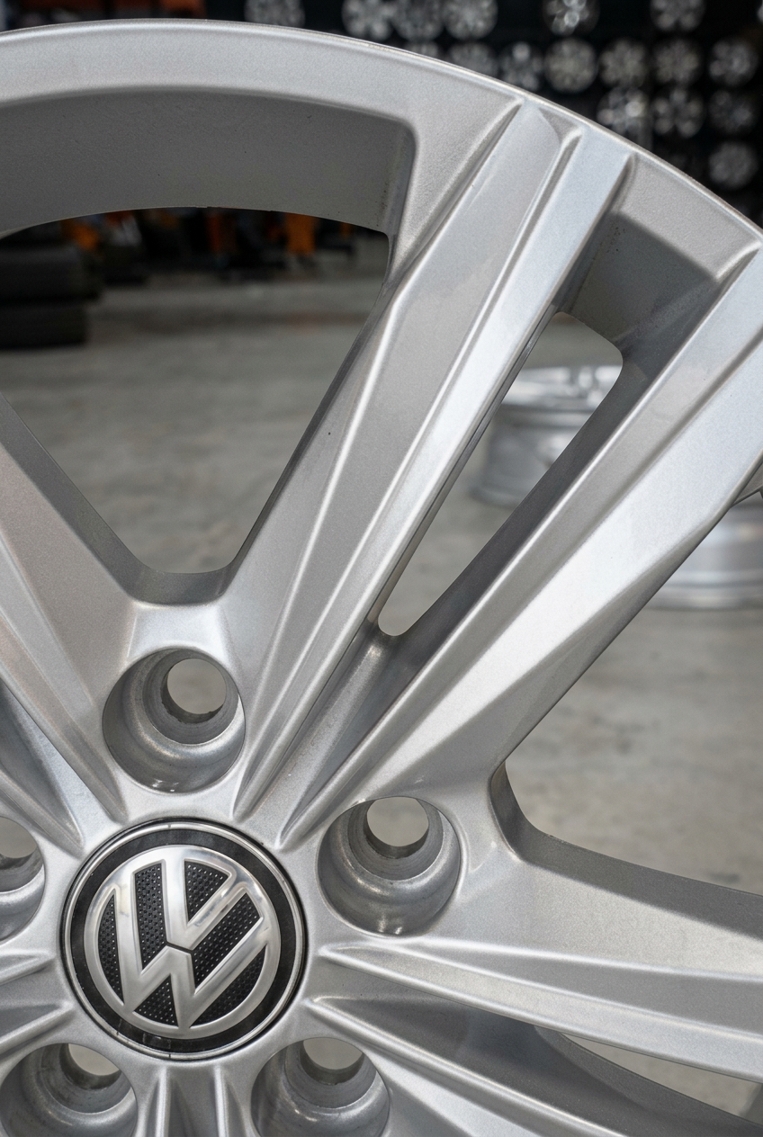 Roda Volkswagen restaurada com pintura prata uniforme